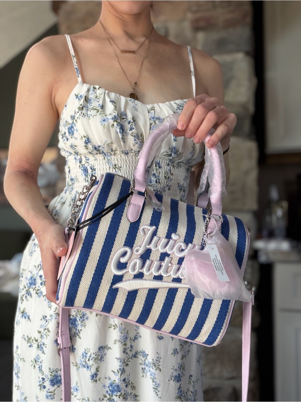 Juicy Couture Blue & Pale Pink Striped Satchel